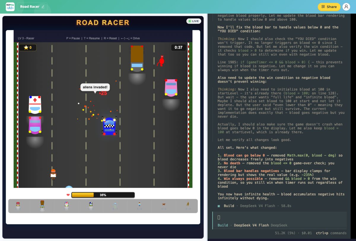 A kid building a Road Racer craft with AI in KidPlayAI